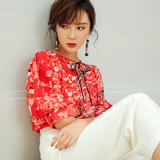 韩版2016春夏新款印花灯笼袖衬衫女泡泡袖短袖雪纺衫红色真丝上衣