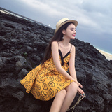 2016夏季新款女装泰国潮牌印花吊带连衣裙 露背中裙黄色气质裙子
