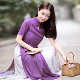 禅衣茶服夏装中式复古修身短袖中国风棉麻连衣裙长裙改良汉服