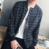 阿迪达斯男韩版格子夹克青年修身外套立领大码学生男装上衣潮流