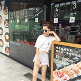 【INS】2016夏 韩版毛绒2色鲨鱼后背字母撞色印花个性短袖T恤女