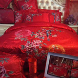 中国风刺绣绣花四件套喜庆婚嫁中式纯棉床上用品结婚庆被套六件套