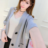 2016春秋韩版新款宽松大版毛衣开衫外套女装学生5分袖中袖带扣