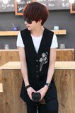夏季新款韩版无袖风衣修身青少年男士印花纯色马甲西装外套夜店潮