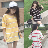 2016夏季女装新款韩版五分袖宽松红白宽条纹开叉T恤女中长款体恤
