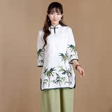2016春夏新款刺绣竹子民族风中长款棉麻修身中式立领衬衫上衣女