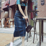 【天天特价】2016春夏新款韩国女装铆钉开叉中长款显瘦牛仔半身裙
