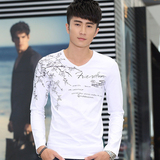 2016春夏男韩版修身薄款全棉V领长袖T恤学生青少年白色上衣打底衫