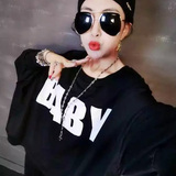 2016秋季韩版女装宽松 大码上衣t恤长袖字母数字印花打底衫蝙蝠衫