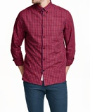 7折 HM H＆M 专柜正品代购男士棉质格纹衬衫长袖格子衬衣红色现货