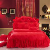 新婚四件套结婚大红色床裙欧式高档贡缎提花蕾丝花边床罩床上用品