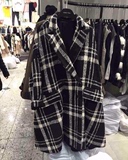 韩国代购2015秋冬新款气质复古格子大摆式羊毛呢中长款大衣外套女