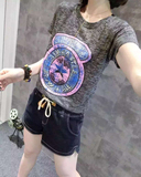 欧洲站2016夏装新品欧韩薄款印花五角星图案弹力针织t恤女装短袖
