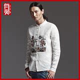 中国风男装 原创棉麻刺绣长袖衬衣男士复古亚麻立领盘扣中式衬衫
