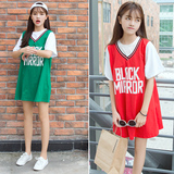 2016夏季新款韩版女装学生长款假两件短袖字母显瘦印花裙子连衣裙