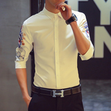 夏季韩版男士中袖衬衫男青少年五分袖修身休闲发型师短袖寸衫男装