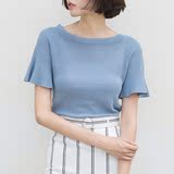 纯色针织T恤女短袖2016夏季修身韩版喇叭袖上衣清新甜美百搭学生