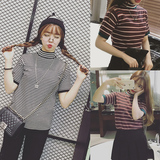 春季韩版学生套头针织毛衣女条纹修身短款高领半袖针织打底衫潮女