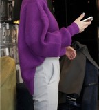 浪漫知性 紫色毛衣~保暖加厚~中长款下摆开叉宽松半高领套头毛衣