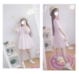 是小仙女呀。日系粉色格子娃娃领连衣裙短袖网纱蓬蓬裙小清新可爱