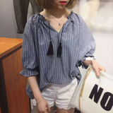 麻豆 V领喇叭袖衬衣 夏季女装竖条纹衬衫 韩版宽松五分袖学生寸衫