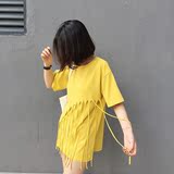 麻豆 时尚女装韩版流苏中长款T恤女 夏季圆领不规则上衣 短袖体恤