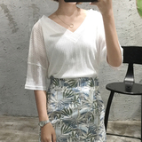 2016夏季新款白色V领短袖雪纺衫T恤韩版宽松简约时尚百褶上衣女