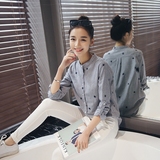 摩妮卡2016韩版大码女装新春装新款胖mm显瘦宽松刺绣长袖立领衬衫