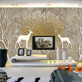 大型壁画墙纸无缝欧式风格麋鹿鹿林3D立体浮雕客厅电视背景壁纸
