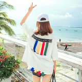 GOG2016新款韩版夏季彩带拼接女T恤圆领套头中长款七分袖体恤女潮