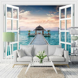 3D立体客厅沙发电视背景墙壁纸温馨卧室无缝壁画地中海窗户无纺布