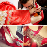 水钻红色新娘鞋婚鞋女尖头鞋中跟浅口性感单鞋女士尖头高跟鞋细跟