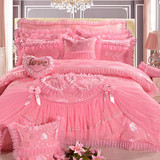 婚庆全棉韩式床盖床单蕾丝四五六七八件套提花大红婚礼床上用品