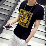 中国风T恤男龙袍T恤修身纯棉夏季短袖刺绣T恤男青少年龙图案半袖T