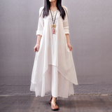 连衣裙长袖秋季新款棉麻文艺复古假两件A型纯色大摆裙白色长裙