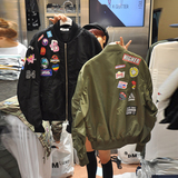 韩国东大门2016秋季新款韩版嘻哈风徽章字母印花拉链长袖夹克外套