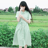 【鲜格格】2016夏日系森女复古文艺小清新蓝绿格子棉麻短袖连衣裙