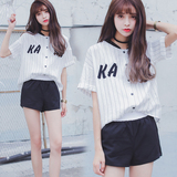 夏装韩国棒球服女学院风条纹短袖宽松显瘦立领白t恤女夏学生开衫