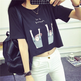 韩版夏装露脐短款短袖t恤学生卡通印花修身纯棉高腰打底衫上衣女