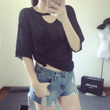 韩版夏装薄款针织衫性感透视针织T恤女宽松纯色套头蝙蝠衫圆领