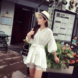 兔子的口袋2016夏季新款 韩版背后拼接蕾丝收腰白色衬衣连衣裙女