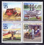美国1988年邮政运输:马车轮船飞机汽车 4全四方连新 MNH