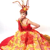 开场舞蹈表演服装 大摆裙演出服装  大红与金亮片花朵 头饰 女