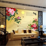 中式电视背景墙壁纸客厅玄关影视墙大型壁画墙纸3D牡丹水墨花鸟画