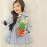 韩版童装春秋装2016新款 女童娃娃领蕾丝网纱裙式双排扣风衣外套