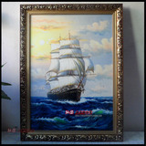 纯手绘高档风景油画 帆船油画大海中欧式客厅玄关装饰有框画实拍