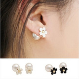 韩国时尚气质花朵耳饰品韩版夸张前后大小双面珍珠耳钉耳环女包邮