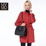 MYMO冬季新款女装48%羊毛呢子大衣七分袖束腰立领中长款外套F671B