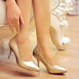 2014新款优雅尖头真羊皮细高跟女士单跟鞋子金银色舞台新娘婚鞋