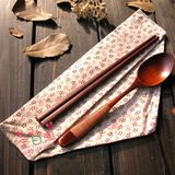 韩式简约布袋木筷子勺子套装天然木质缠线环保旅行便携餐具多款